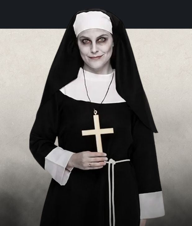 A beige background with black fog at the bottom. Features a Womens Haunted Nun character. Click to shop all Saints and Sinners Costumes and accessories.