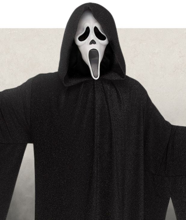 A man wearing a Scream costume on a beige background. Click to shop all Scream Halloween Costumes. 