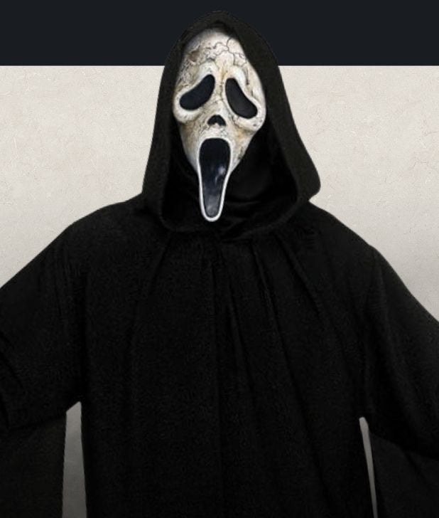 A beige background with black fog at the bottom. Features a Scream Ghost Face character. Click to shop all Scream Costumes and accessories.