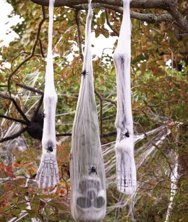 A tree with 3 hanging spider webs with skeletons in them. Click to shop all Halloween Hanging Props.