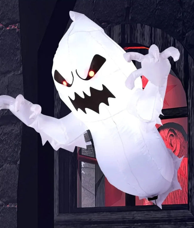 A window with an inflatable white ghost coming out of it. Click to shop all Inflatables & Lawn.