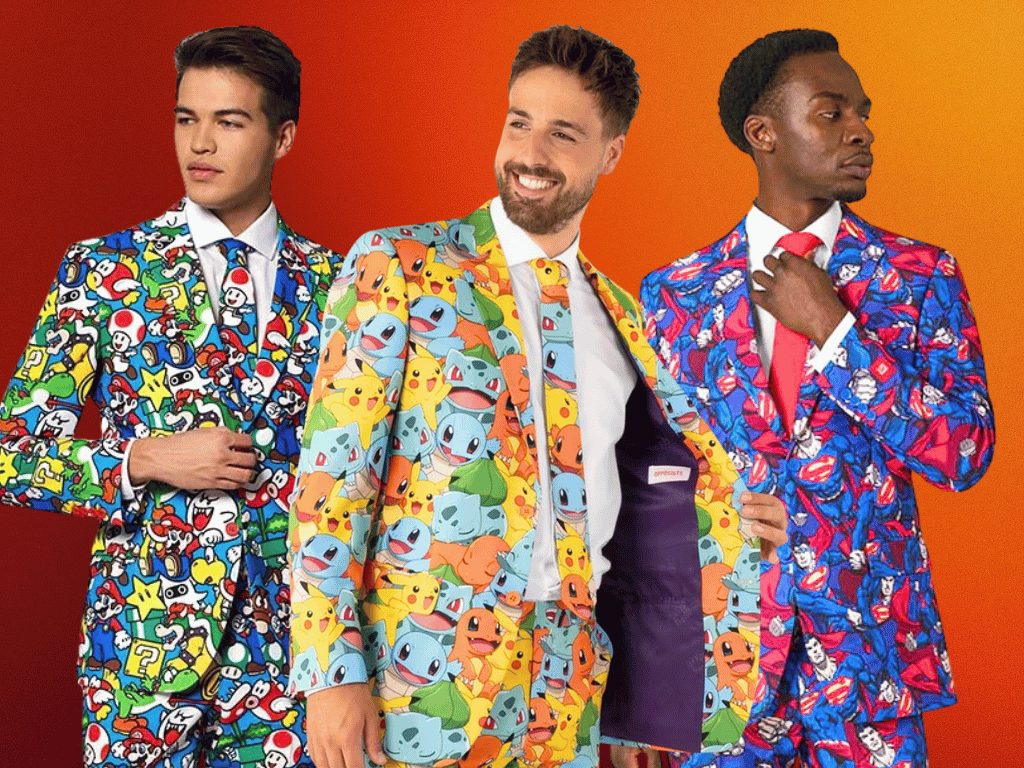 Three men wearing colorful patterned suits against an orange background. Shop Opposuit suits.