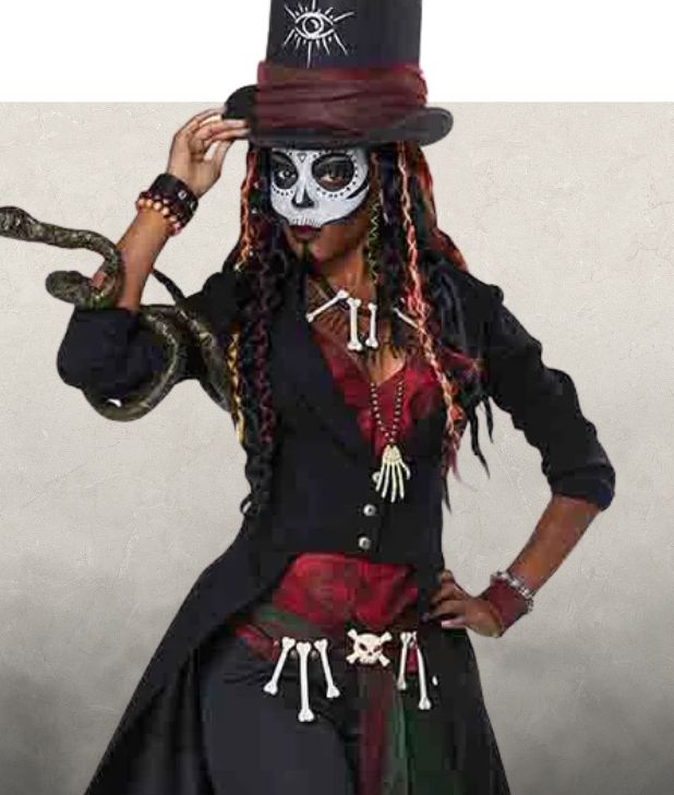 A woman wearing a Voodoo Magic Halloween Costume on a beige background. Click to shop all Voodoo Magic Halloween Costumes.