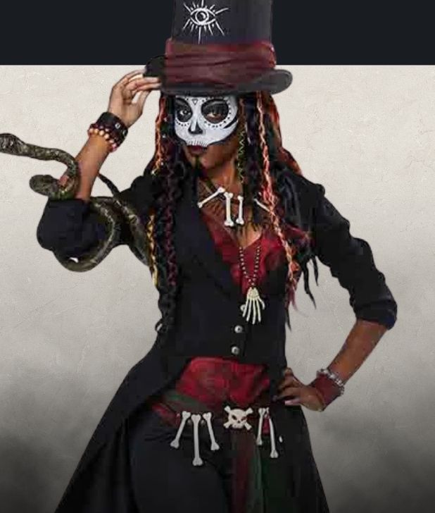 A woman wearing a Voodoo Magic Halloween Costume on a beige background. Click to shop all Voodoo Magic Halloween Costumes.
