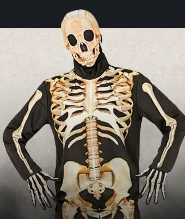 A beige background with black fog at the bottom. Features a mens Skeleton character. Click to shop all Skeletons Costumes and accessories.