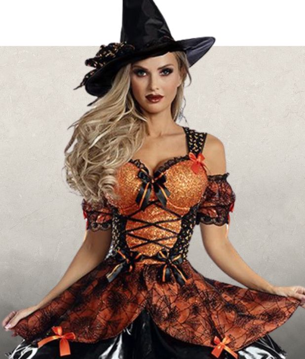 A woman wearing an orange witch costume on a beige background. Click to shop all Witch Halloween Costumes. 