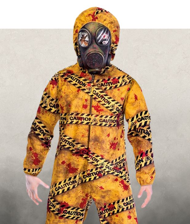 A boy wearing a hazmat suit with caution tape on it and a face gas mask. Click to shop all Zombie Halloween Costumes. 
