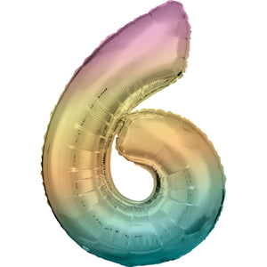 Large Number 6 Pastel Rainbow Foil Balloon 56cm w x 92cm h