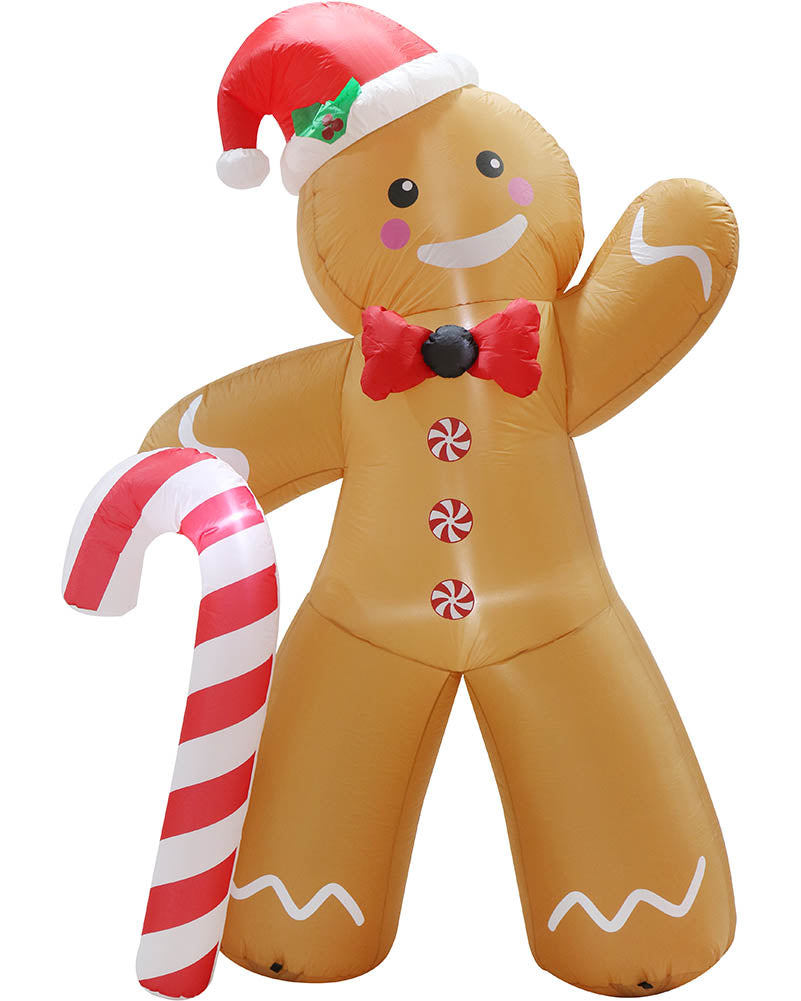 Inflatable gingerbread man Christmas decoration with a red Santa hat, red bow tie, candy accents, and a large red-and-white striped candy cane, shown on a plain white background.