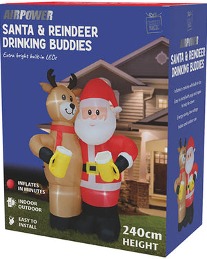 Santa and Reindeer Drinking Buddies Christmas Lawn Inflatable 2.4m