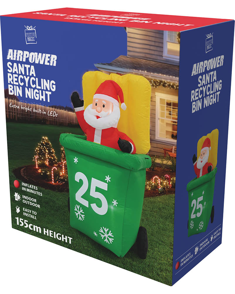 Santa in Recycle Wheelie Bin Christmas Lawn Inflatable