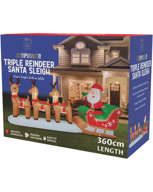 Triple Reindeer Santa Sleigh Christmas Lawn Inflatable 3.6m