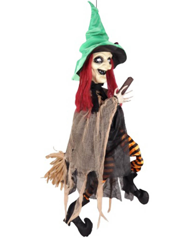 Hanging Witch Riding A Broomstick Animated Halloween Decoration 90cm