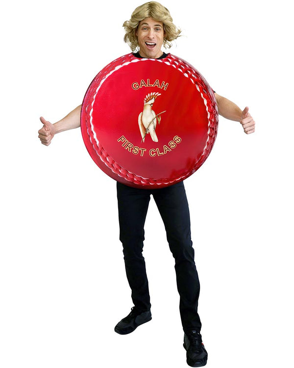 Person wearing a red cricket ball costume with 'Galah First Class' text and logo on a white background