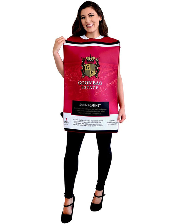 Person wearing a costume shaped like a wine bottle label with 'Goon Bag Estate' branding.