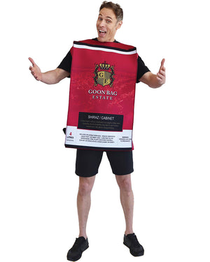 Person wearing a costume shaped like a wine box and label with 'Goon Bag Estate' branding.