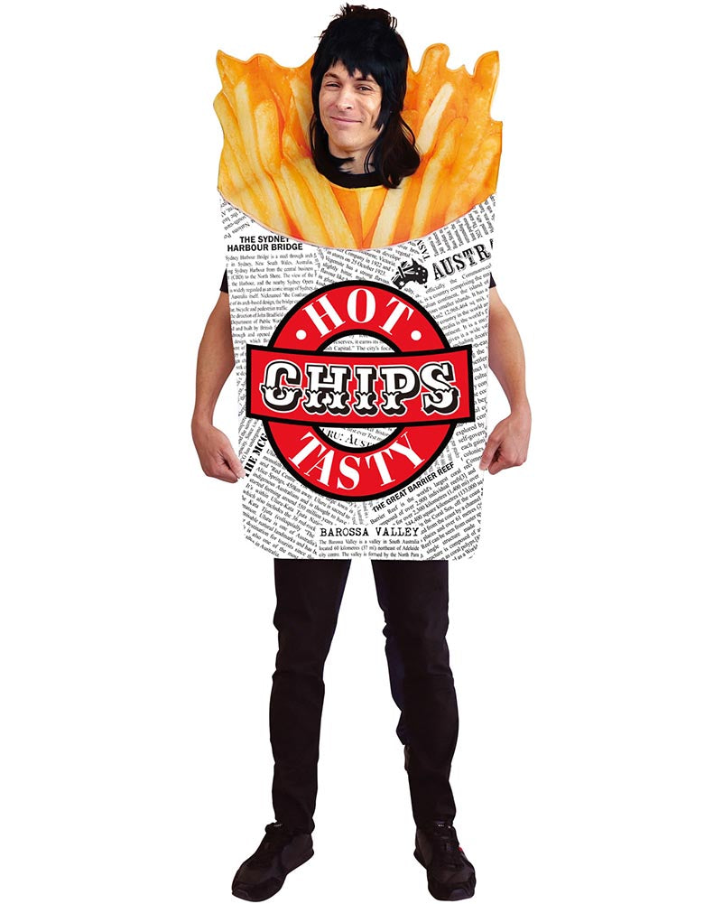 Person wearing a costume shaped like a box of hot chips with French fries on a white background