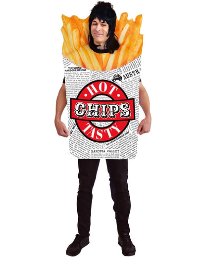 Person wearing a costume shaped like a box of hot chips with French fries on a white background