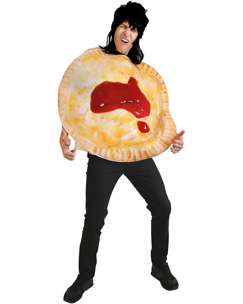 Person wearing a pie costume with australian-shaped tomato sauce on a white background