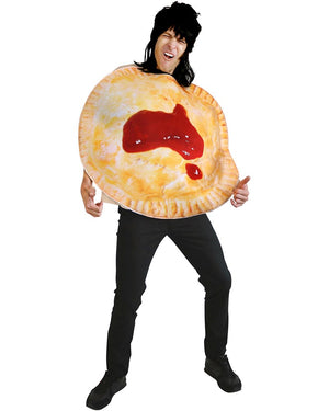 Person wearing a pie costume with australian-shaped tomato sauce on a white background