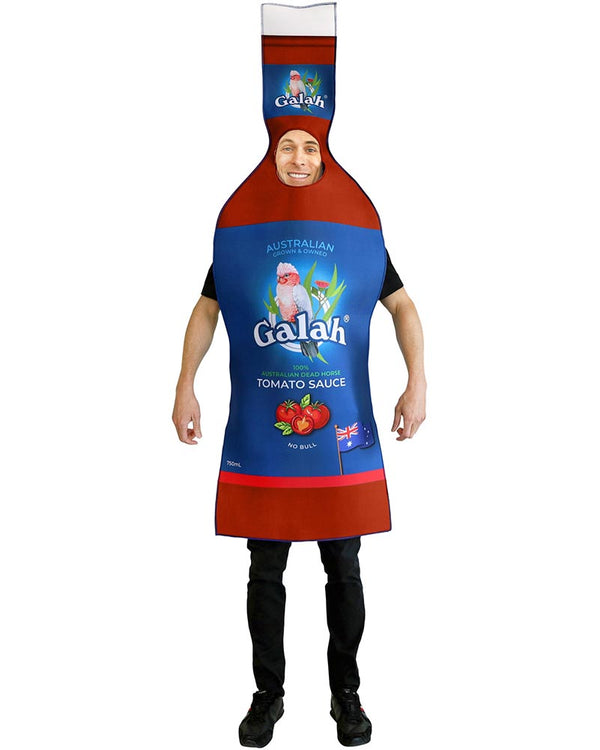 Person wearing a costume shaped like a bottle of Galah tomato sauce on a white background