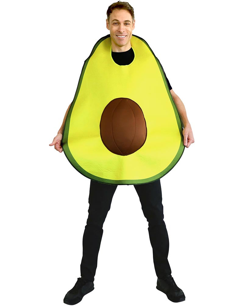 Person wearing an avocado costume on a white background