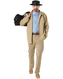 Person wearing a costume with a tan jacket, plaid shirt, and black hat holding a bag.