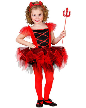 Child in a red and black devil costume with a trident on a white background