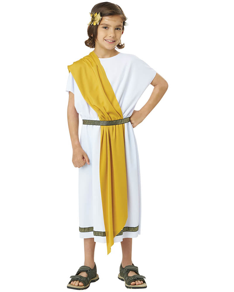 Child wearing a white toga with a yellow sash on a white background