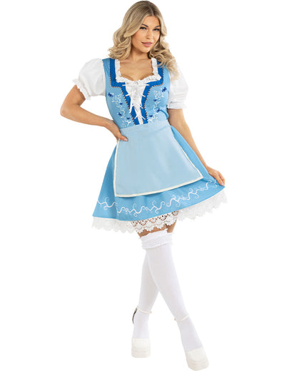A woman modeling a light blue and white dirndl costume against a plain white background. The costume features a white blouse with puffed sleeves, a light blue apron overlay with blue embroidery, a matching light blue skirt with white lace trim, white lace leg cuffs, and white platform shoes.