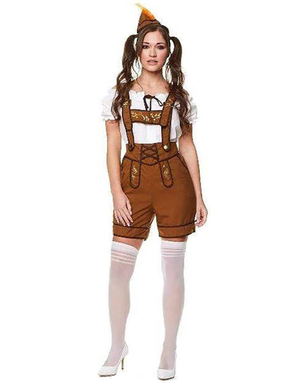 Person wearing a traditional Bavarian costume with a white blouse, brown lederhosen, and white stockings on a white background.