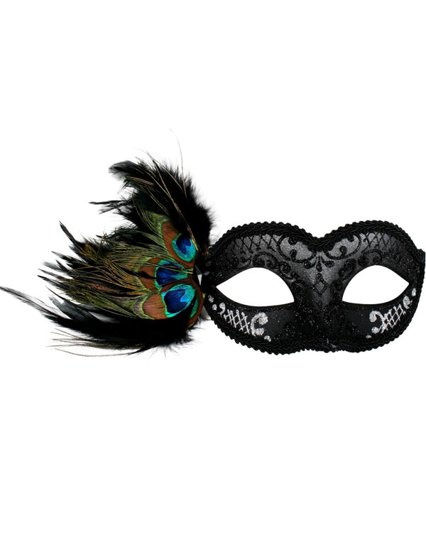 Black and Silver with Peacock Feathers Masquerade Eye Mask