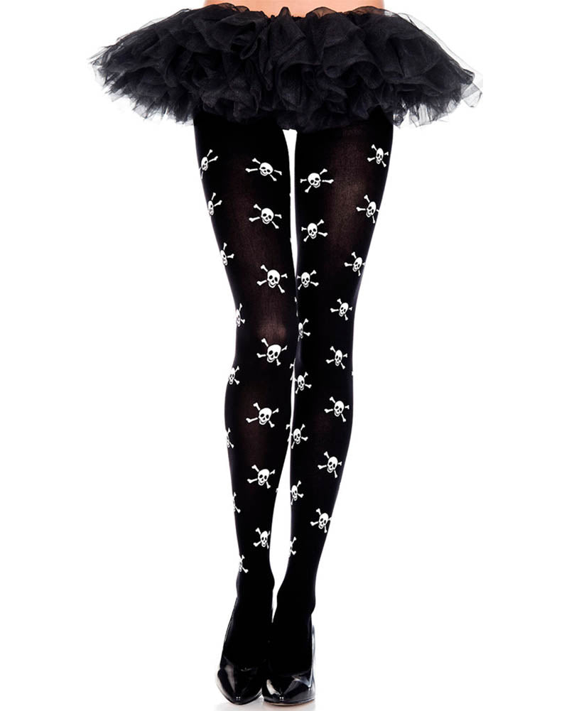 Black and White Opaque Skull Print Pantyhose