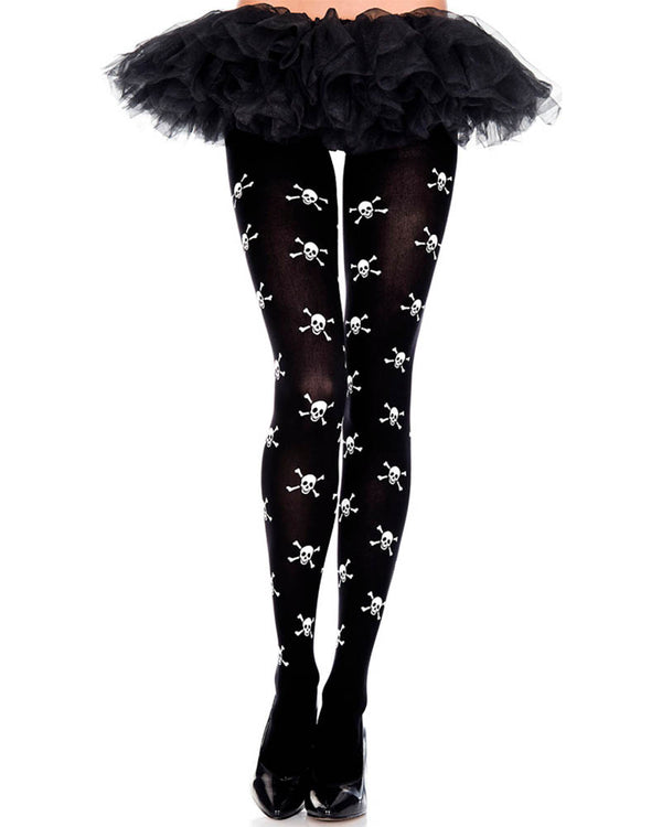 Black and White Opaque Skull Print Pantyhose