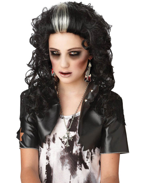 Rocked Out Zombie Curly Black and White Kids Wig