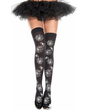 Black and White Spider and Web Print Thigh High Stockings
