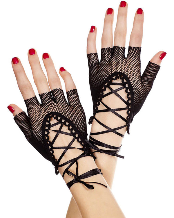 Black Lace Up Wrist Length Fingerless Gloves