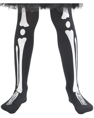 Black tights with white bone pattern worn by a person on a white background