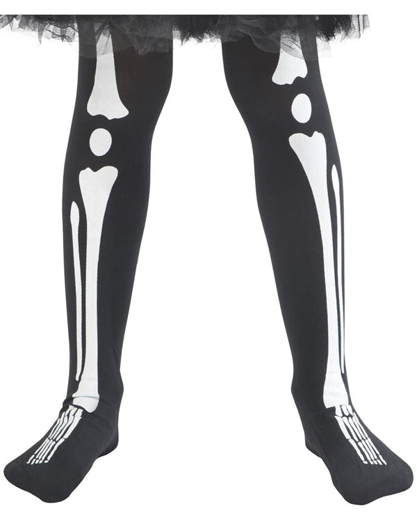 Black tights with white bone pattern worn by a person on a white background