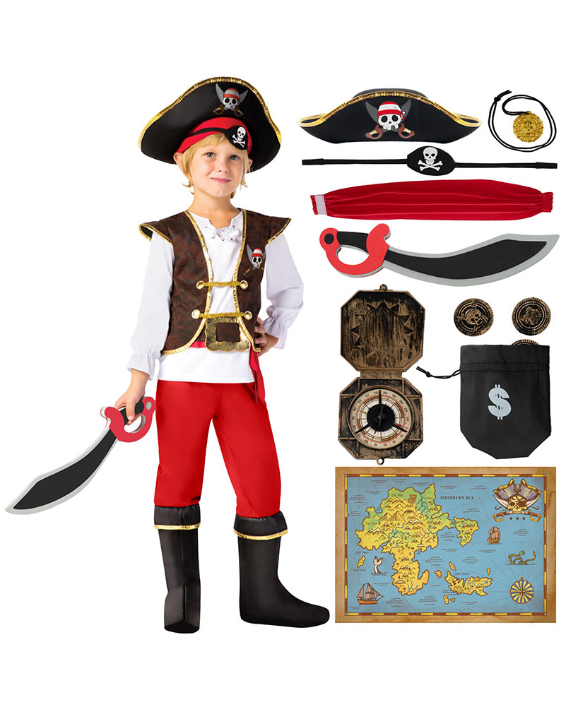Black Red Brown Pirate Boys Costume