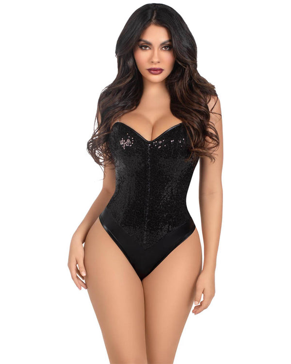 Black Sequin Deluxe Corset Boned Bodysuit