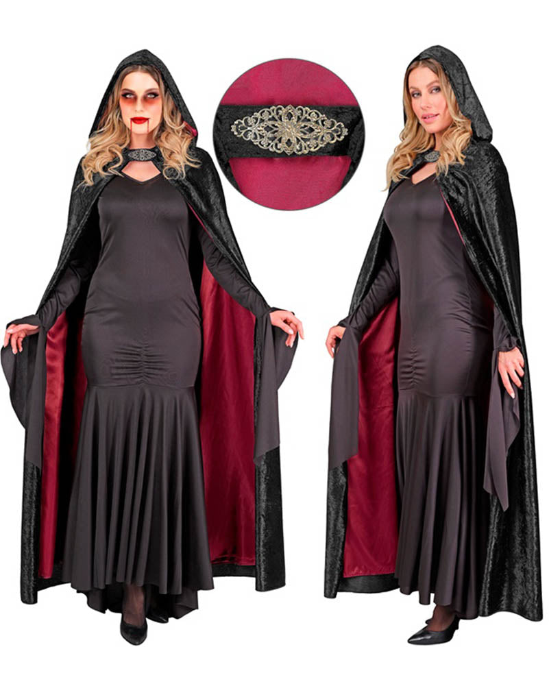 Black Velvet Hooded Cape With Red Lining 1.4m