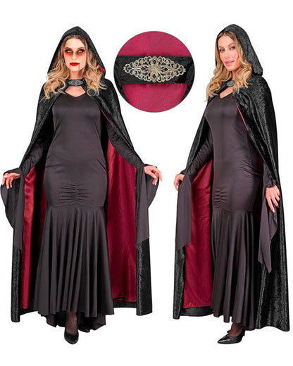 Black Velvet Hooded Cape With Red Lining 1.4m