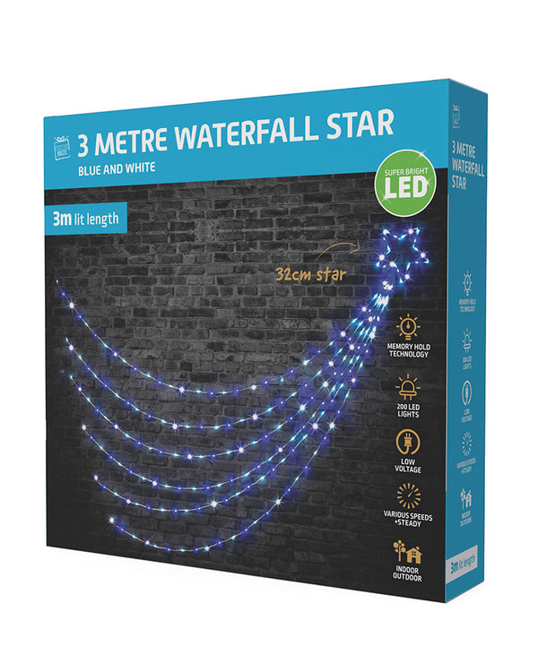 Christmas Blue White LED Waterfall Star 200 Piece 3m