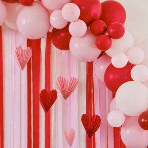Be Mine Red & Pink Balloon Arch Party Backdrop with Streamers and Paper Hearts