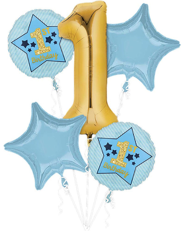 Bouquet Boy 1st Birthday Blue & Gold Pack of 5 Balloon