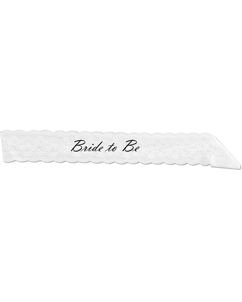 White lace sash with 'Bride to Be' text on a white background