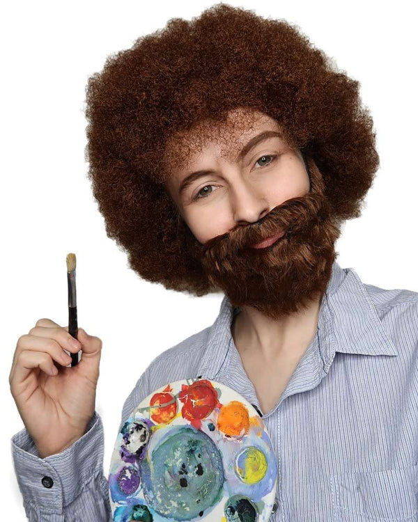 Bearded Painter Deluxe Brown Curly Wig and Beard