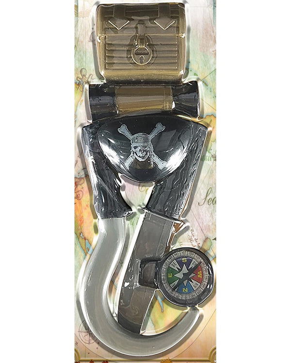 Brown Pirate Hook Knife Eyepatch Telescope Chest and Compass Set