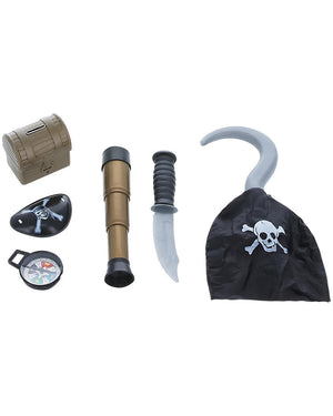 Brown Pirate Hook Knife Eyepatch Telescope Chest and Compass Set
